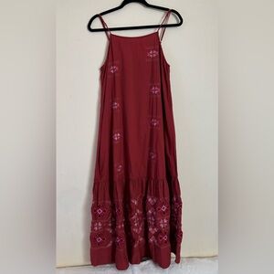 Zara Burgundy 100% Cotton Maxi Dress with  Embroidery